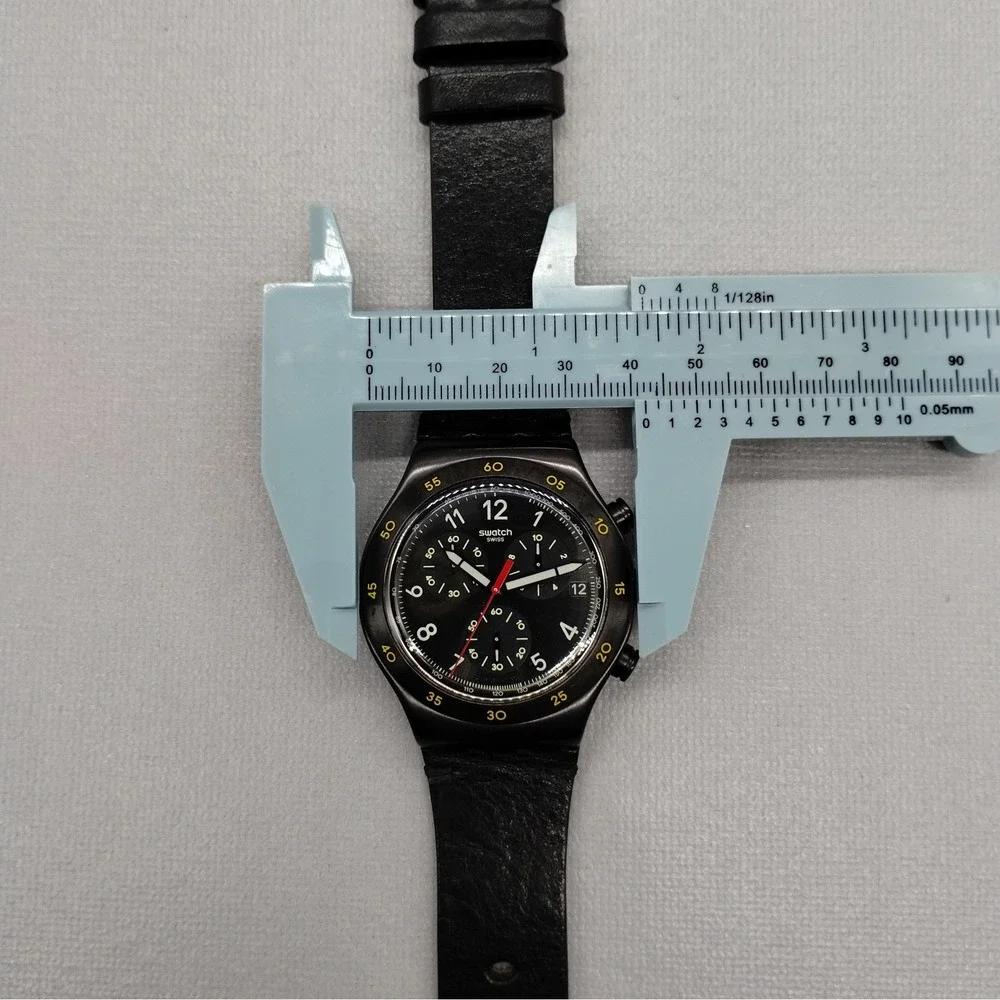 Swatch Core Vidi Black Leather Chronograph Watch 43mm YVB410‎